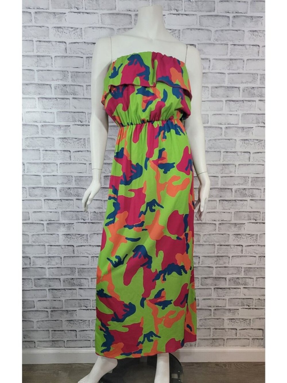 Chelsea Gunn Sleeveless Maxi Colorful Bright Camo Size XS Green Pink Blue Orange